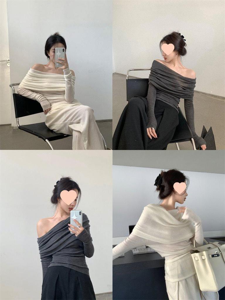 Women's French Off-Shoulder Slim Knit Top: Spring/Autumn Pleated Design