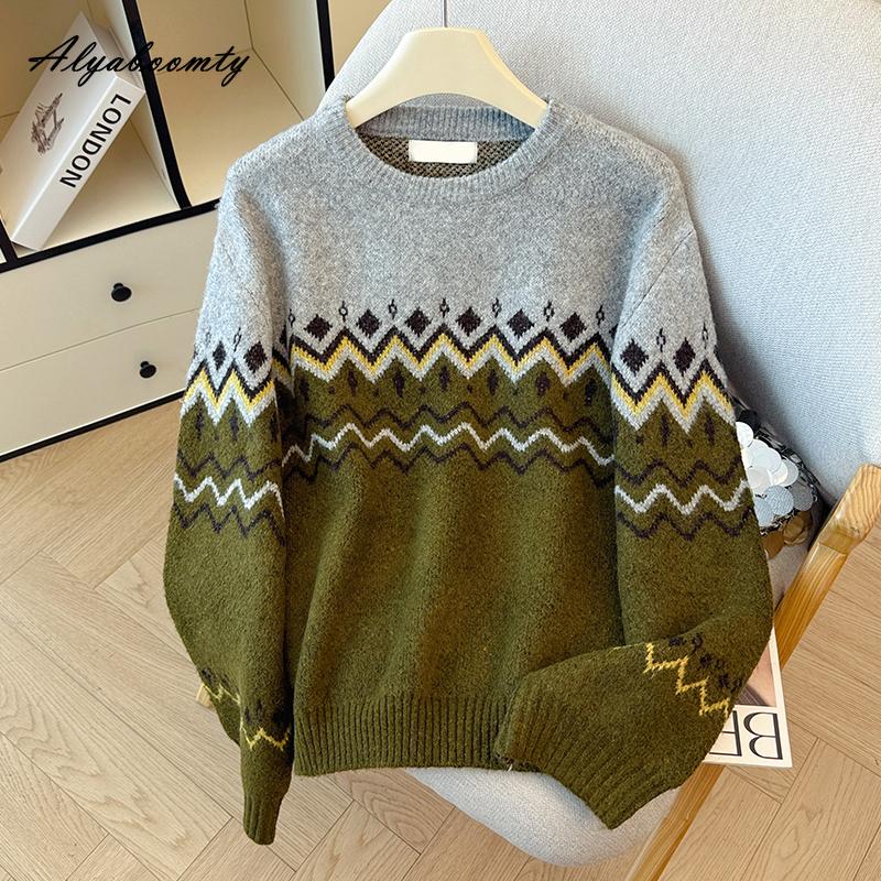 

Корейская Мода Осень Зима Женский Базовый Свитер О-образный вырез Контрастный цвет Вязаный пуловер Длинный рукав Толстый Теплый Вязаный Верхняя одежда One Size зелёный/серый