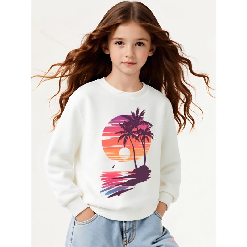 European sizes Tropical Sunset Palm Trees Water Reflection Girls' Crew Neck Sweatshirt, Western Top, Long Sleeved, Casual for Little Girls.
