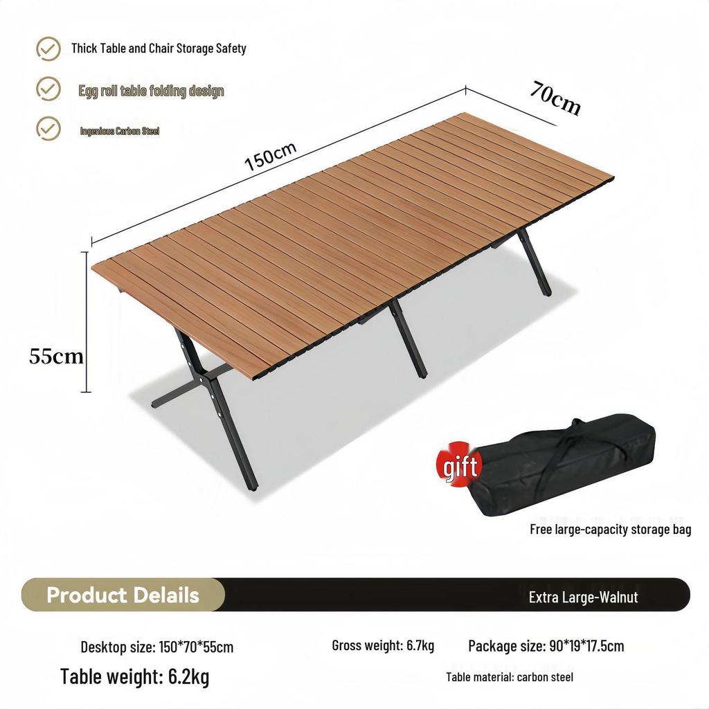 Portable Carbon Steel Roll-Up Camping Table - Foldable BBQ Picnic Dining Table with X-Shaped Legs