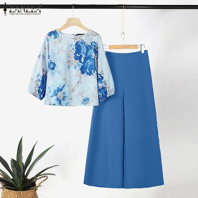 Σετ φλοράλ μπλούζας και φαρδύ παντελόνι Casual κοστούμι δύο τεμαχίων