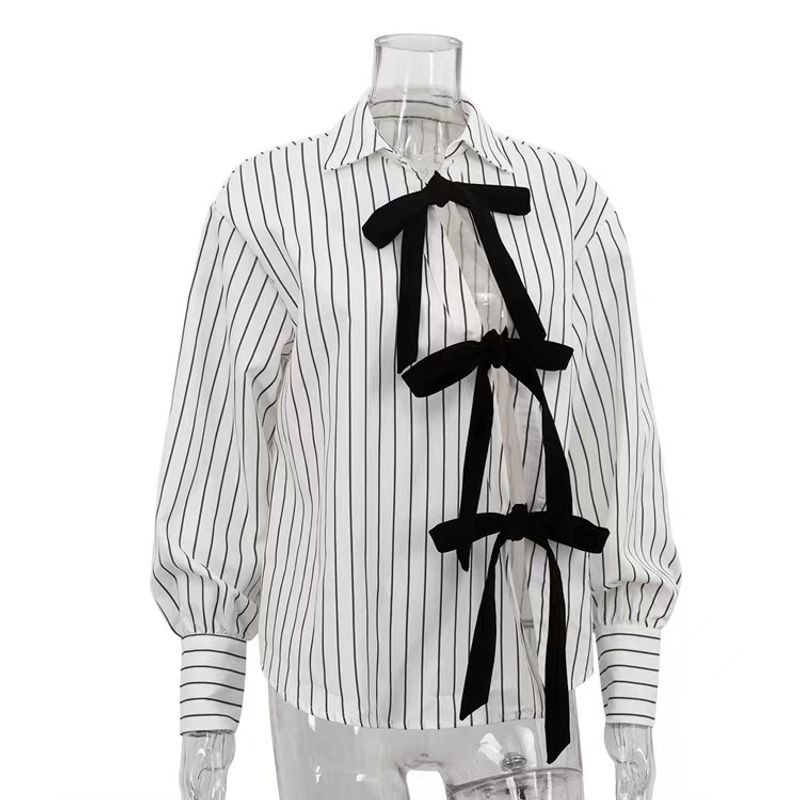 

European and American New Loose Casual Print Stripe Lace-up Long sleeve Shirts Top Loose Striped Shirt White L