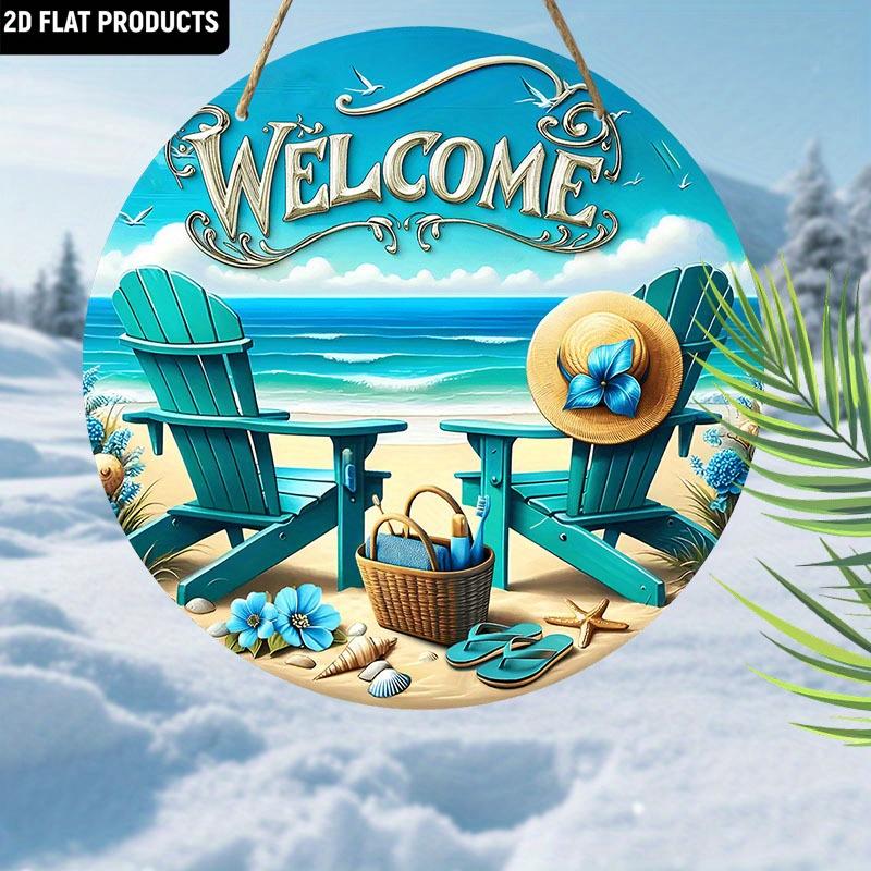 JIT [2D Flat] 1pc Delicate Beach-Themed Wooden Decorative Plaque & Statues, 7.87x7.87 Inch Round Hanging Art Decor with Blue Recliner and Sun Hat