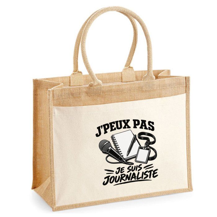 Sac Cabas Jute avec Poche J’peux pas je suis Journaliste J'peux pas minimaliste | Toile de Jute et Coton 21 L Fond Plat Anses 65 cm