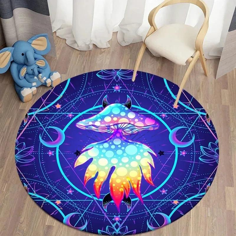 Vibrant Psychedelic Mushroom Pattern Round Bath Mat for Bathroom Decor Bohemian Hippie Style Area Rug