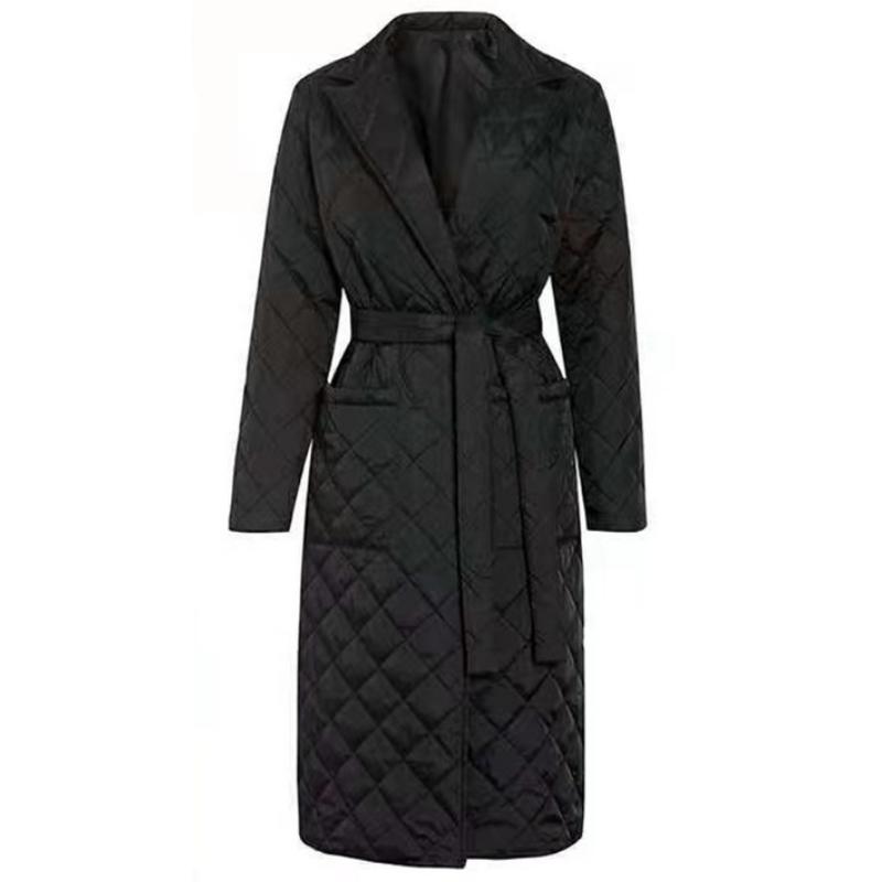 Autumn Winter Women's Notched Lapel Quilted Coat, Knee-Length Belted Waist Diamond Pattern Parka with Lightweight Warmth, Elegant Trench Style Jacket