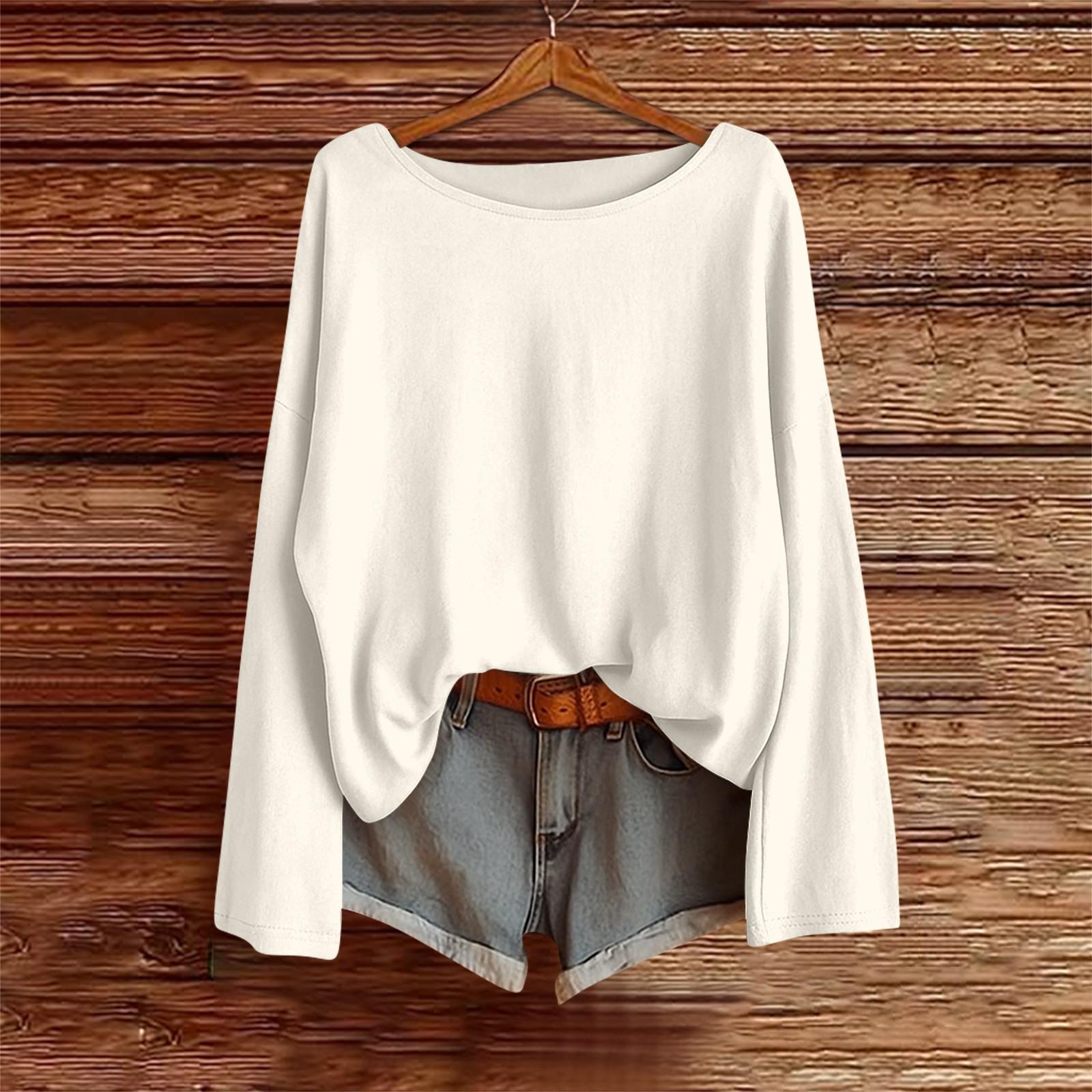 

Long Sleeve Shirts For Women Solid Color Tees Blouses Casual Plus Size Basic Tops Pullover L бежевий