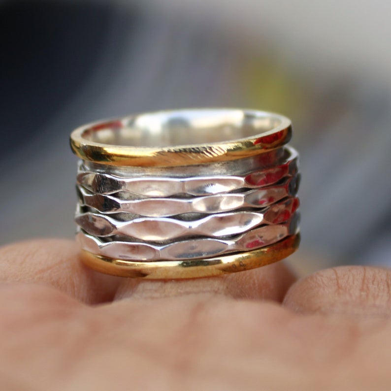 Prata esterlina 925 sólida, anel giratório com banda martelada, anel de ansiedade Fidget feito à mão em três tons, anel de meditação, presente de dia dos namorados, presente de ano novo