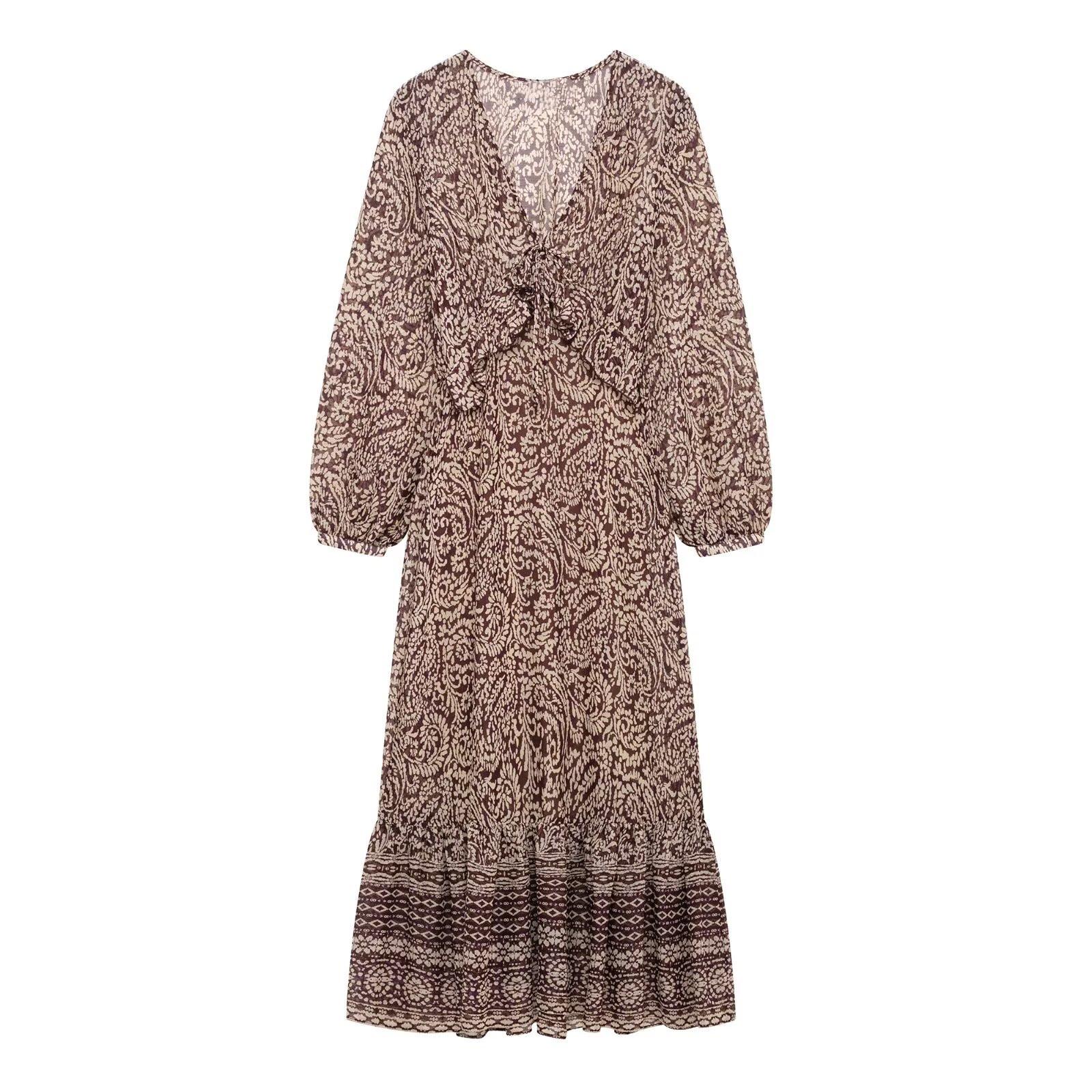 

2025 Spring Women s Slim V-Neck Layered Lace Long-Sleeve Printed Midi Dress Medium