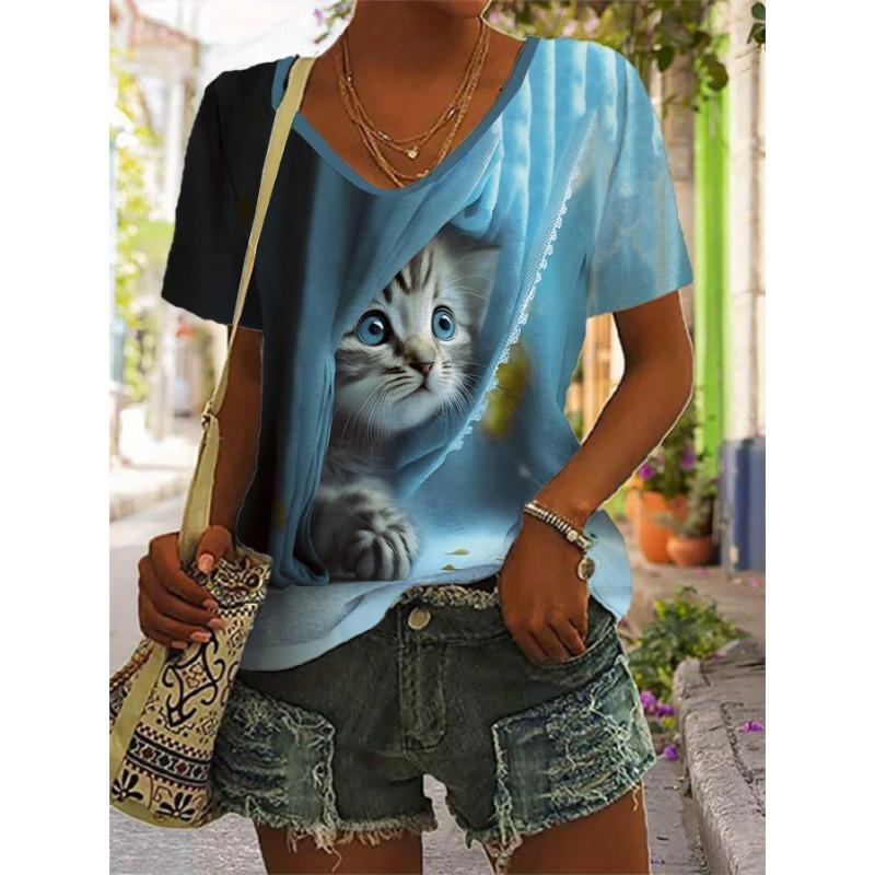 

Летний топ с V-образным вырезом и принтом 3D Cat, модные повседневные женские футболки с короткими рукавами S
