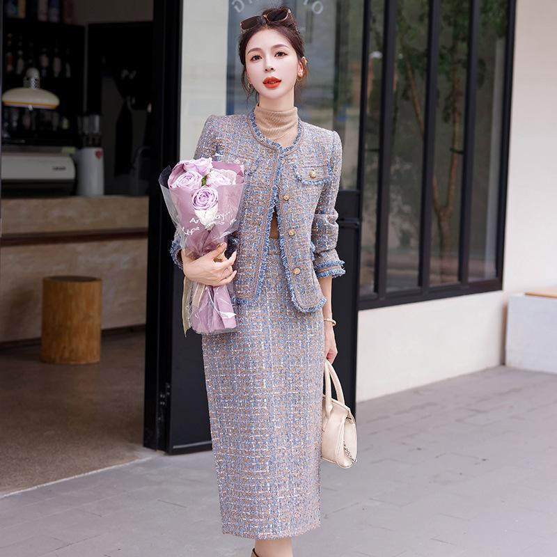 Design suit women's autumn and winter new fashion temperament celebrity thick flower hip skirt two-piece set