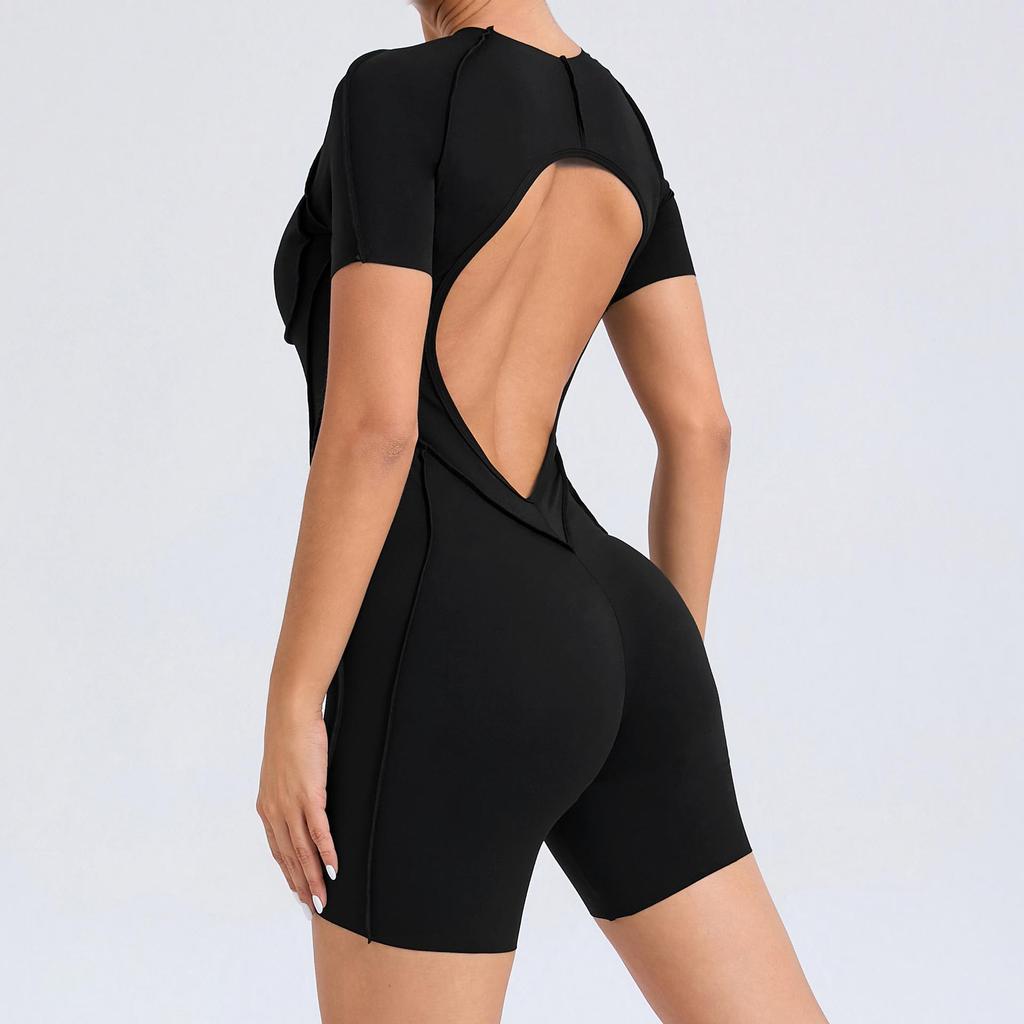 Patchwork Hollow-Back Sports Jumpsuit - Women's Tight One-Piece Fitness Outfit