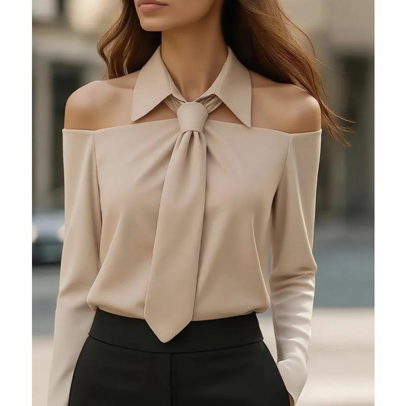 New Elegant Off-Shoulder Long Sleeve Women Tie Shirts Fashion Spring and Autumn Sexy Blouse Woman Lapel Casual Sweet Solid Color Top