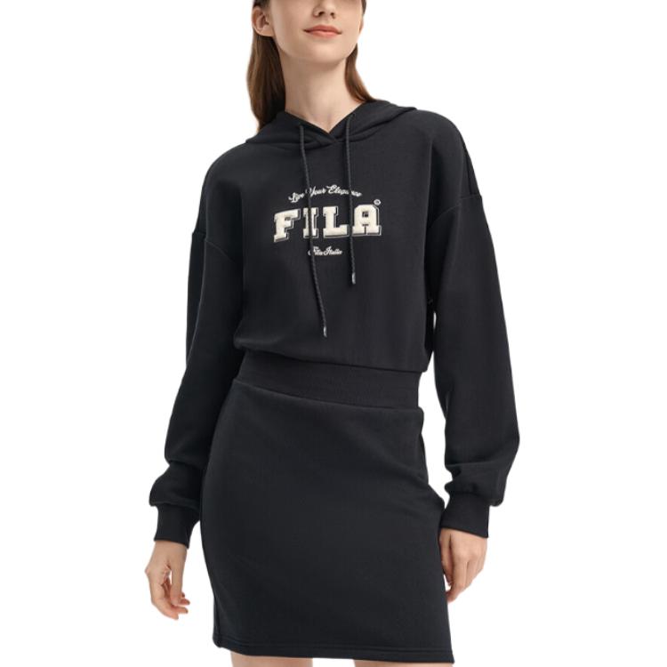 Fila Letter Print Breathable Comfortable Loose Casual Hooded Long Sleeve Dress Women Dresses Black F11W439310FBK