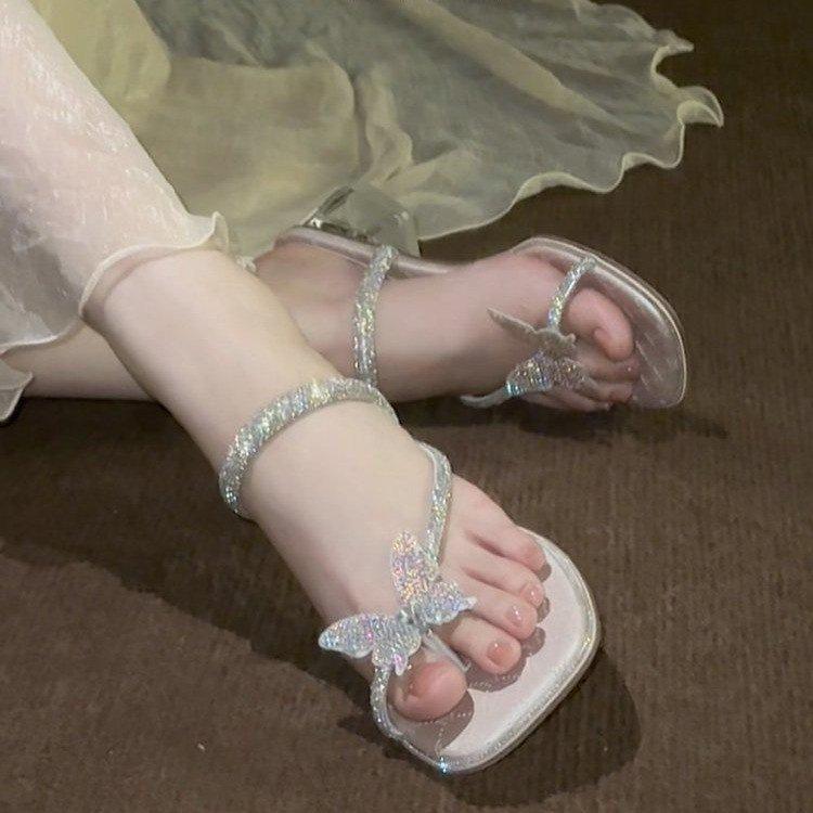 Butterfly rhinestone cool slippers women wear skirts in summer, fairy wind soft soles are not tired, thick heels pinch feet beach shoes
