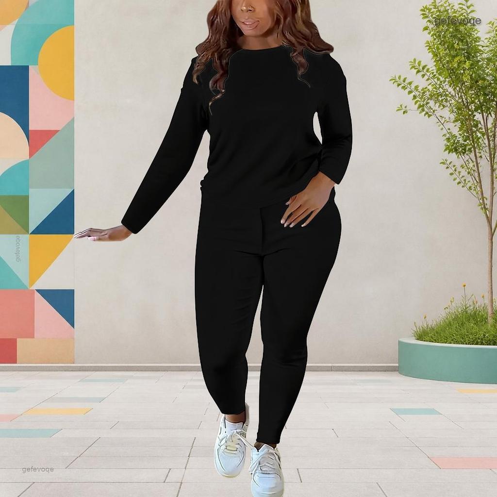 Women Plus Size Black White Printed Round Neck Long Sleeve Top And Fitted Pants Two Piece Set