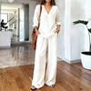Women V Neck Long Sleeve Lounge Set Casual Wide Leg Pants Two Piece Outfit Solid Color Relaxed Fit