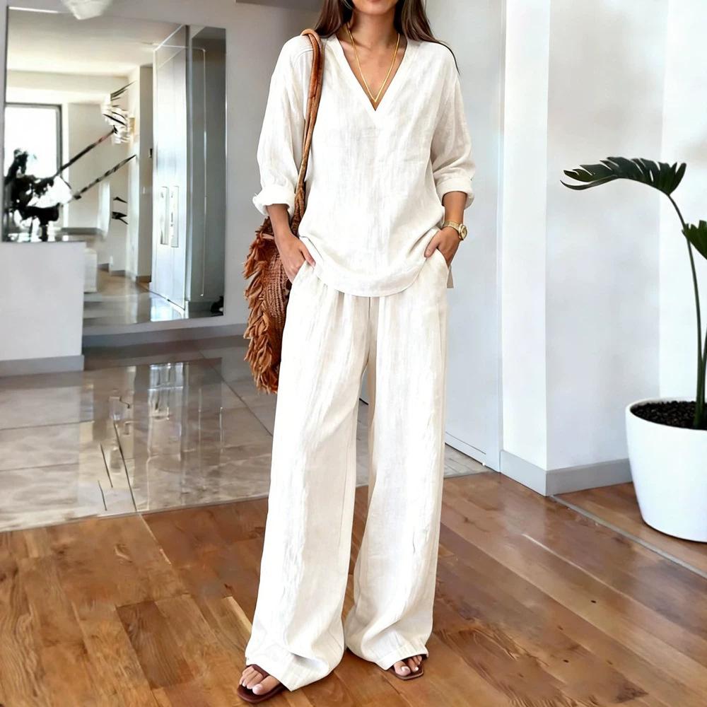 Women V Neck Long Sleeve Lounge Set Casual Wide Leg Pants Two Piece Outfit Solid Color Relaxed Fit