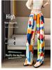 Plus Size Women's High-Waisted Tie-Dye Wide-Leg Summer Pants - Ice Silk, Slimming, Casual, Loose, and Draping.