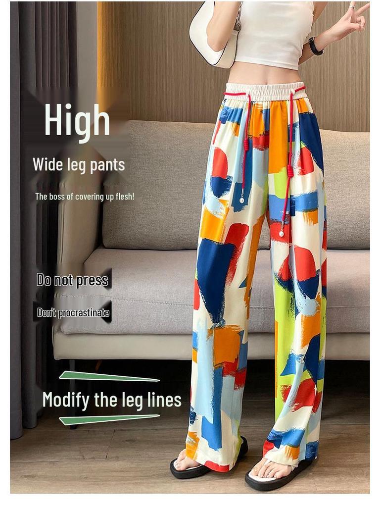 Plus Size Women's High-Waisted Tie-Dye Wide-Leg Summer Pants - Ice Silk, Slimming, Casual, Loose, and Draping.