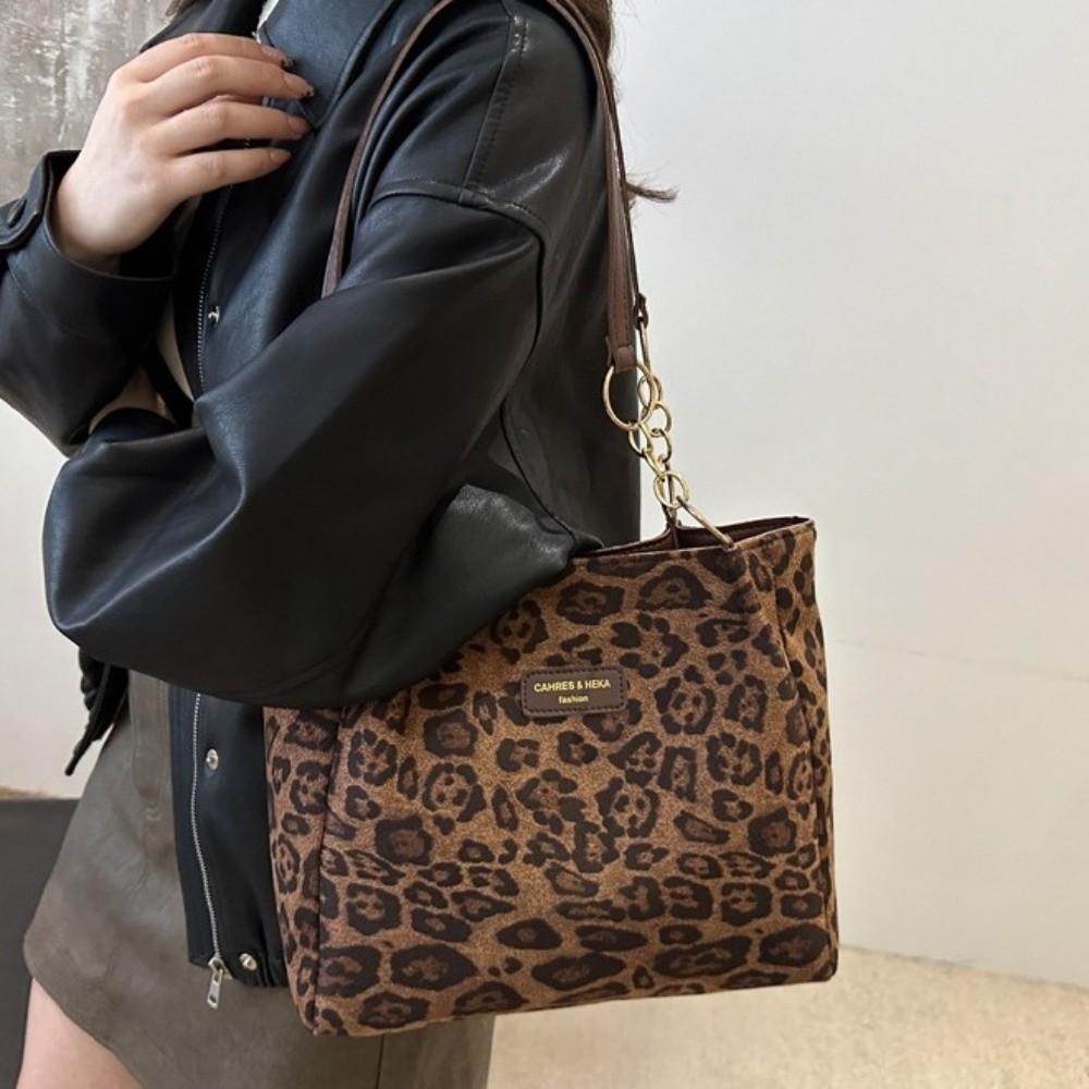 PU Leather Leopard Print Shoulder Bag Zipper Closure Tote Bag Chain Strap Handbag Commuting