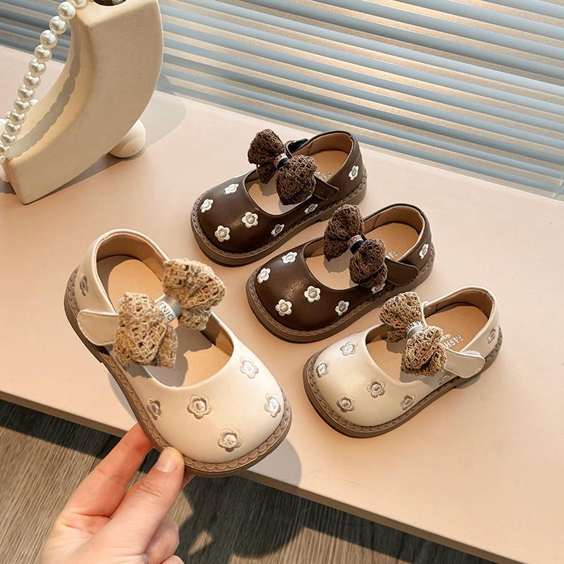 Autumn Girl's Mary Janes Flroal Shallow Bowknot Classic Kids Leather Shoes Matte Pu Leather Beige Brown Children Flat shoe 21-30