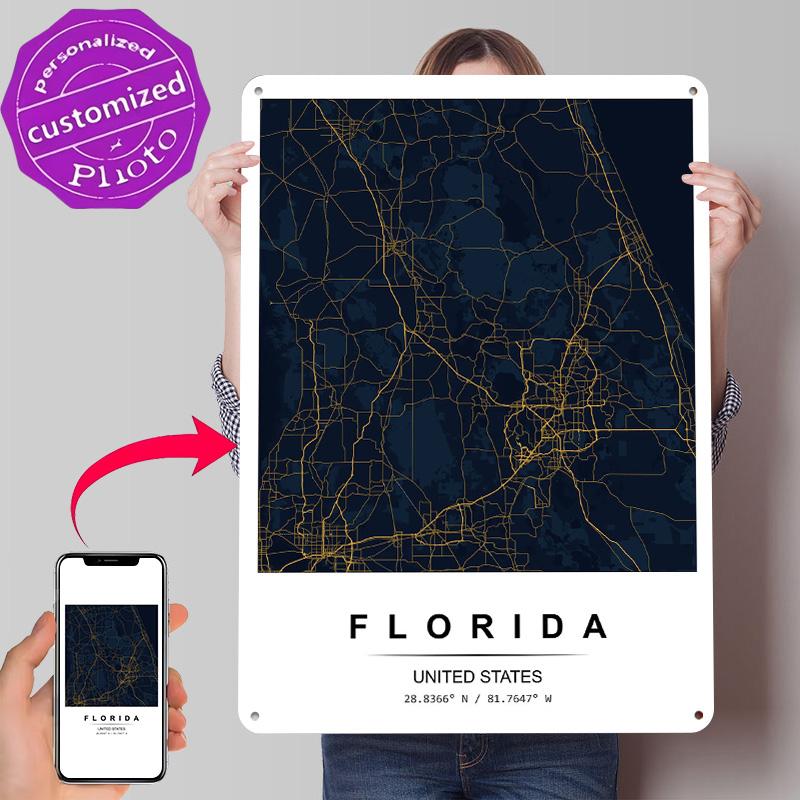 Florida Map Art Tin Poster Customized Wall Art Retro Vintage Metal Signs for Fans Room Home Decoration Gaming Bar Accessories