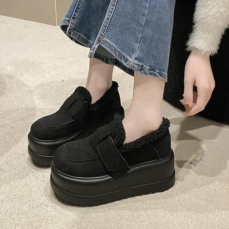 Fashion Women Thick Sole Snow Sneakers New Winter Slip-on Plush Warm Cotton Shoes Woman Outdoor Non Slip Fluffy Platform Fur Shoes 7.5CM