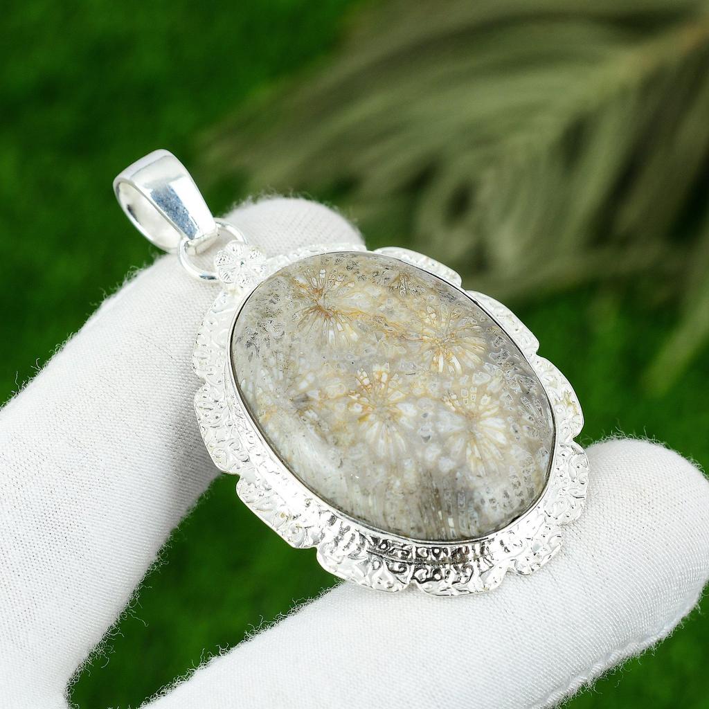 Oval Natural Fossil Coral Artisan Bezel Boho Birthday Unique Pendant 925 Silver