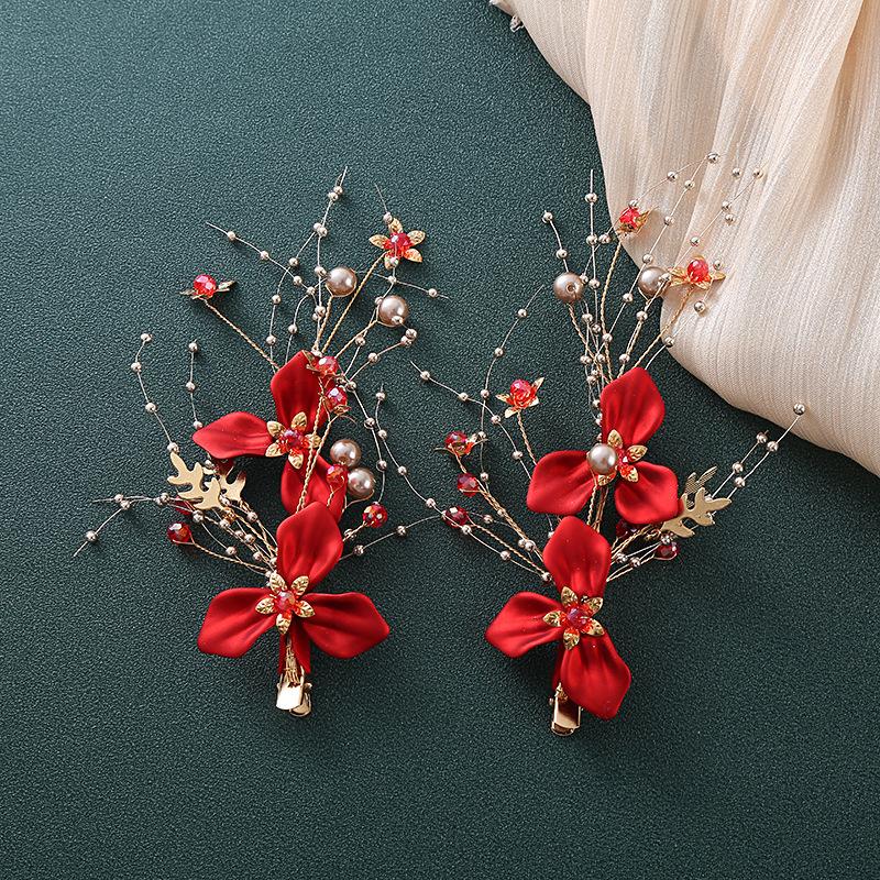 Retro bridal hair accessories, Chinese wedding headdress, handmade crystal hairpins, antique flower toasting clothing hair accessories
