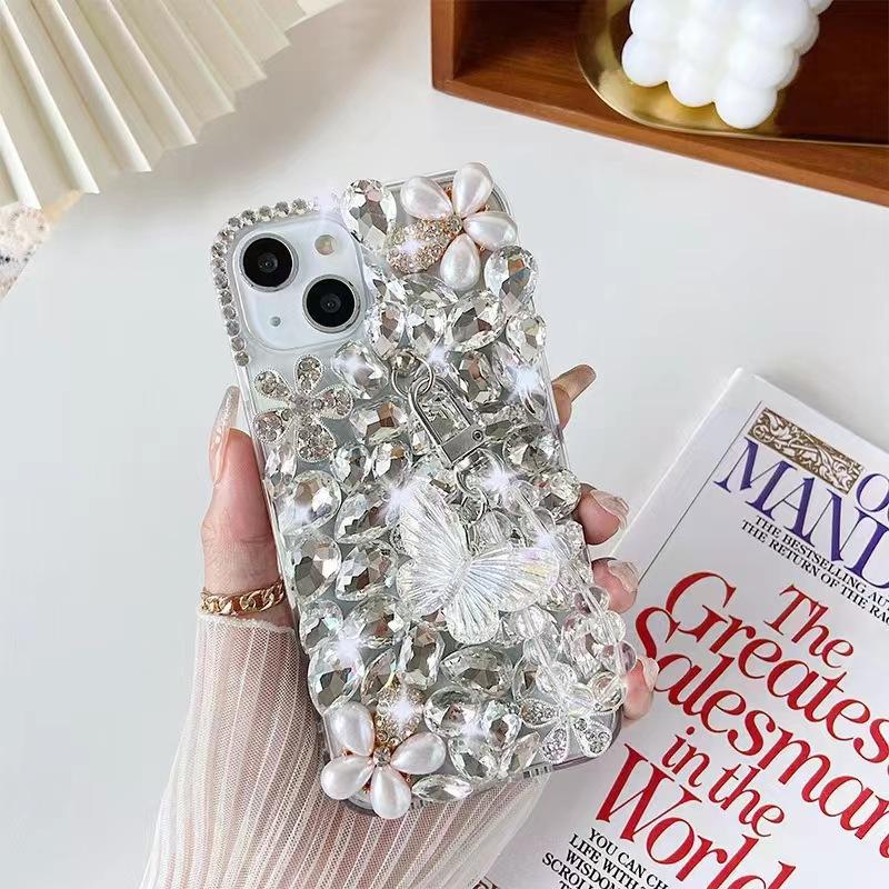 Applicable Apple 16PROMAX Pearl Diagonal Flower Mobile Phone Case Apple 16/15/17 Crystal Butterfly Bracelet 16P apple 16