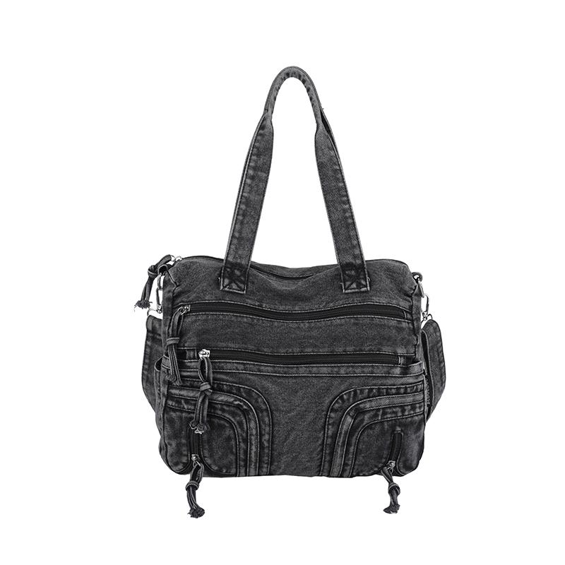 Gewaschene Denim-Umhängetasche mit mehreren Taschen und oberem Griff, verstellbarem Riemen, lässige Tragetasche für den täglichen Gebrauch