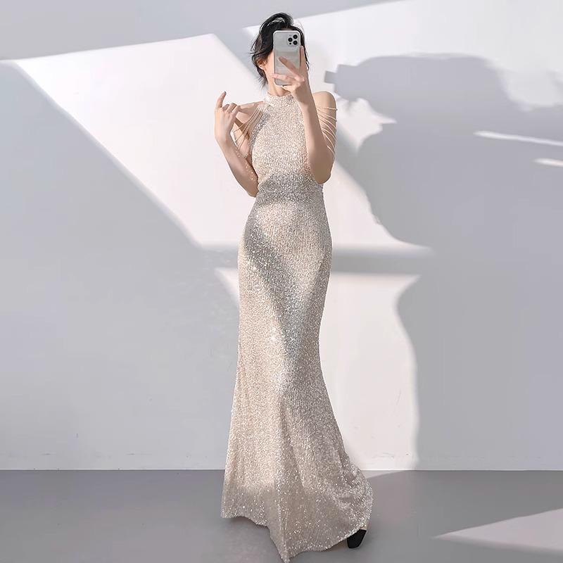 Champagne Evening Dress Women's High-end Banquet Temperament Light Luxury Niche Host Fishtail Sequined Graduation Dress High-end