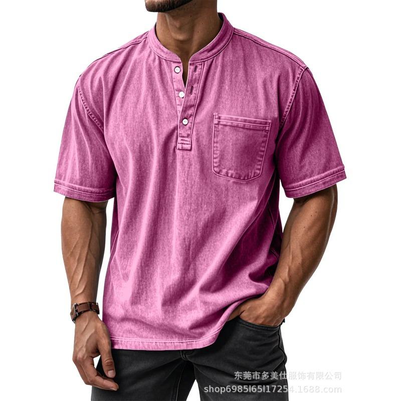 Mens Casual Washed Denim Henley Neck Short Sleeve T Shirt With Pocket