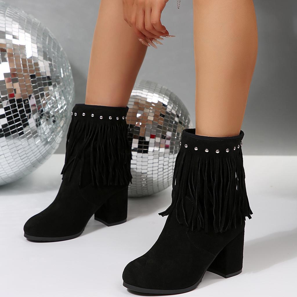 Rivet Suede Plus Size High Heeled Fashion Boots 2025 Winter New Fringed Boots for Women