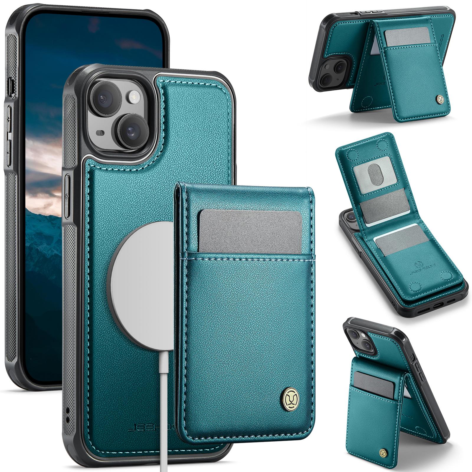 

For iPhone 14 Plus Leather Back Cover Compatible with MagSafe JEEHOOD J06 Phone Case with Card Bag RFID Blocking D