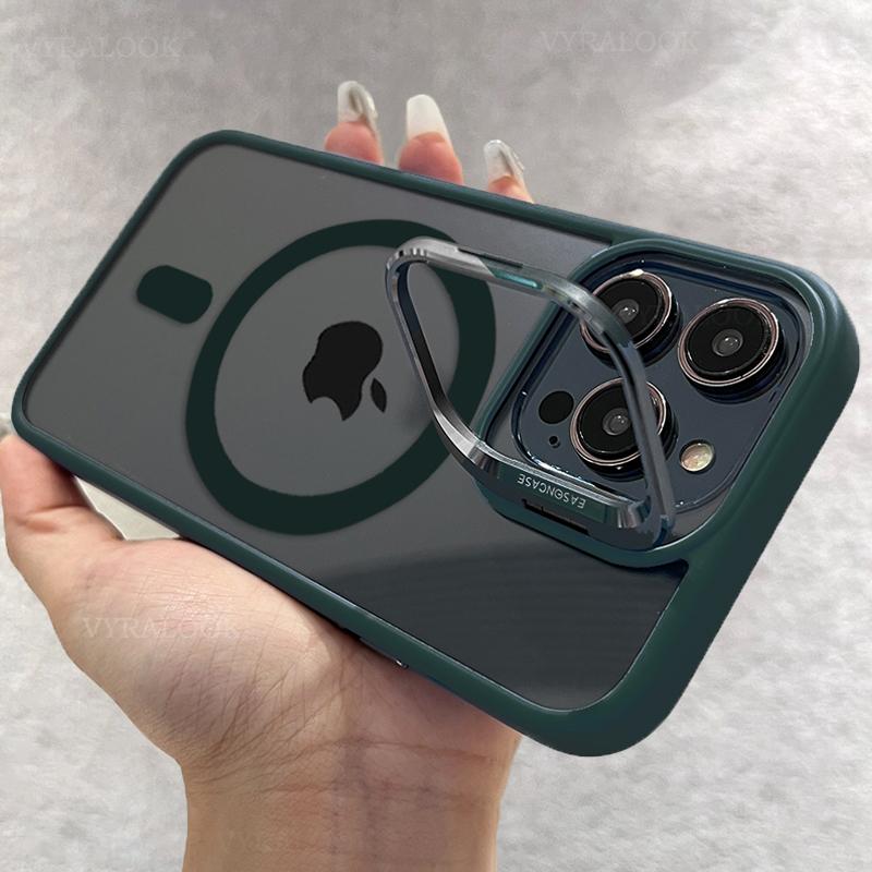 

Металлический держатель Чехол для телефона для iPhone 17 16 15 14 13 12 11 Pro Max Plus Air Для Magsafe Прозрачная магнитная крышка для защиты объектива iPhone 13 Pro темно-зеленого
