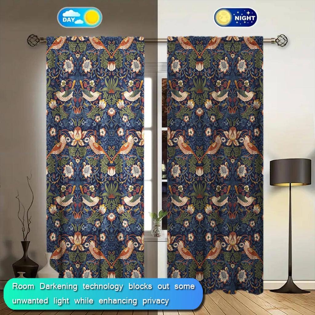 2pcs of Ethnic Style Flower and Bird Patterned Curtains   Shade and Privacy Protection   Suitable for Decorating Various Rooms
