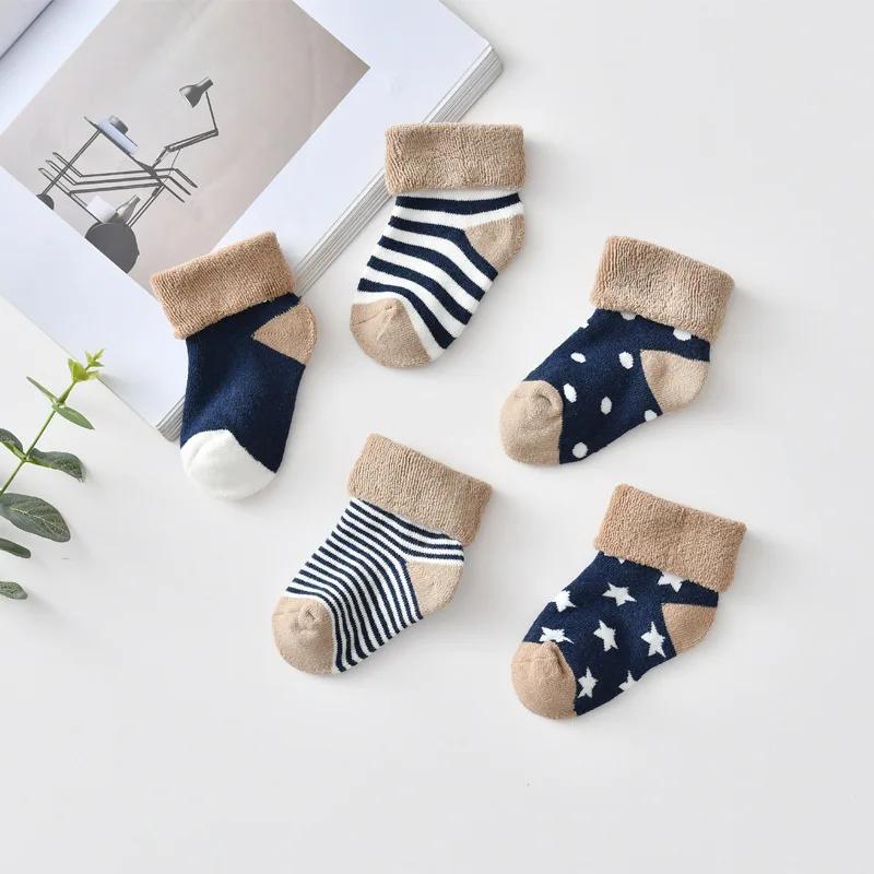 5 Paar Herbst Winter Warme Streifen Babysocken Niedliche Cartoon Punkt Dicke Säuglings Boden Socken Weiches Sternmuster Neugeborene Kleinkind Socken