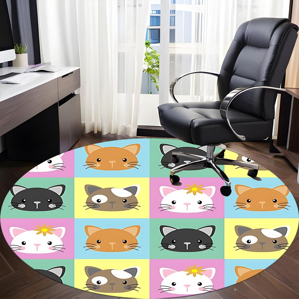 1pc Cat Faces Office Round Area Rug,  Mat Suitable ForOffice, Under Office Chairs Bedroom Living Room Home Decor, Room Deco