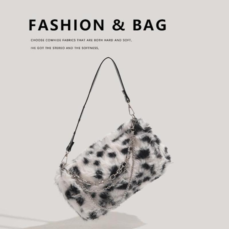 Plush Leopard Print Shoulder Bag For Women New Fashion Winter Warm Chain Handbag Niche Zippered Versatile Casual Crossbody Bag