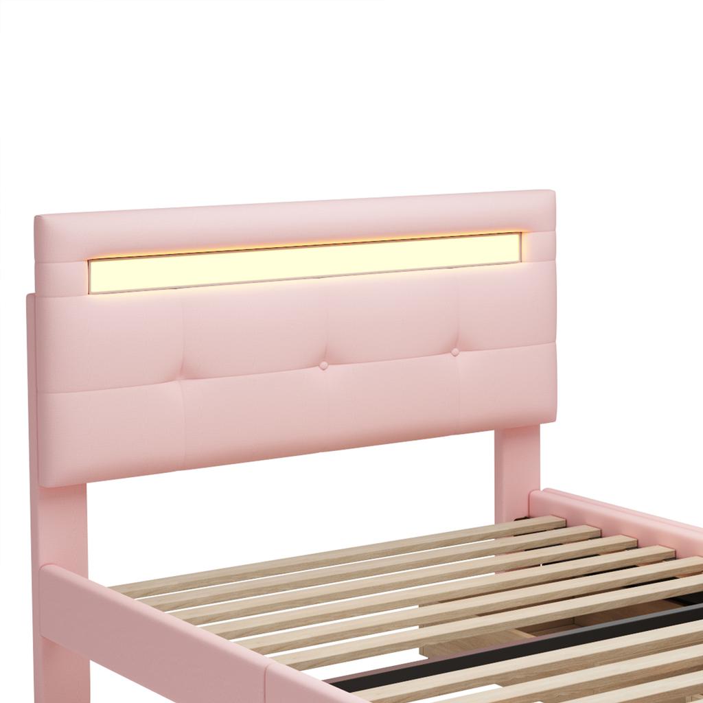Letto imbottito 90*200cm con luci LED, 2 cassetti, Rivestimento in lino delicato sulla pelle Letto singolo basso Letto per bambini Letto per ragazzi Letto per ospiti (Rosa)