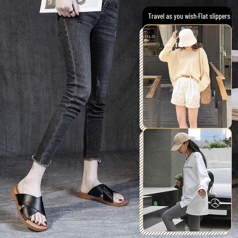 2025 Špičkové dámské módní sandály z pravé kůže - Všestranná plochá plážová obuv