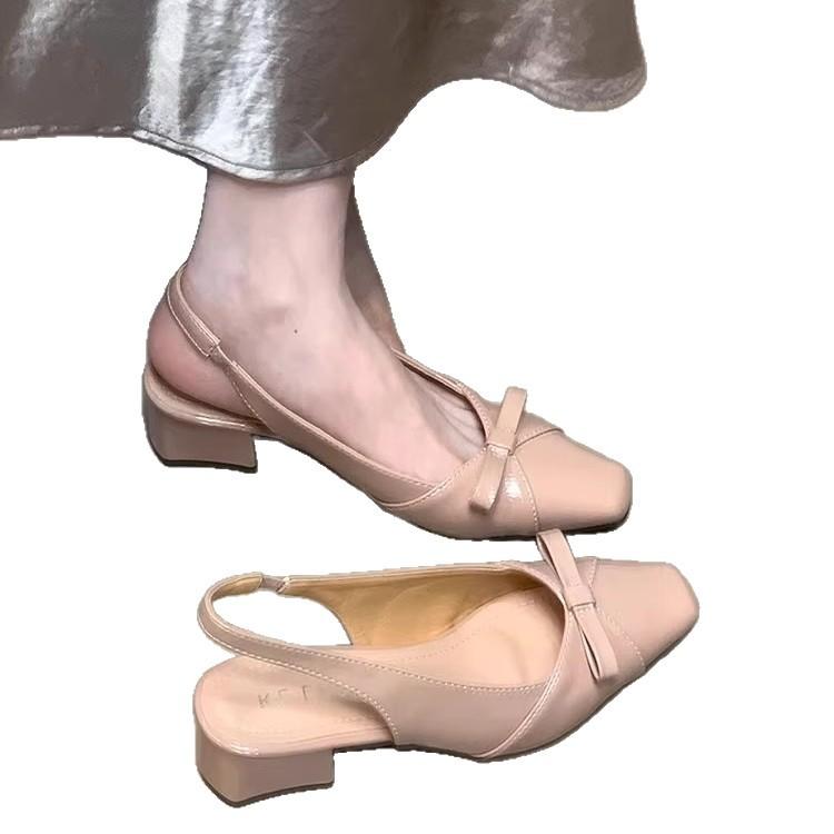 French Square Head Bow Thick Heel Bag Head Sandals Women's 2025 Summer Shallow Mouth Gentle Temperament Empty Single Shoes