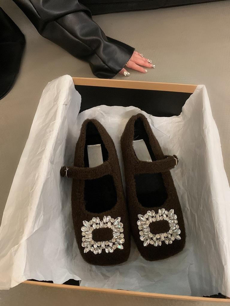 Women's temperament Mary Jane shoes women's velvet French evening breeze square head rhinestone woolen shoes women's winter wear single shoes