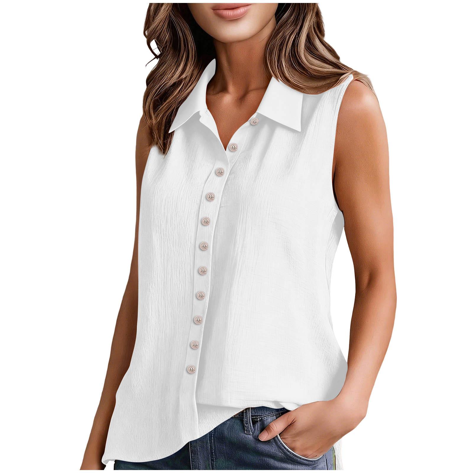 

Women’s Fashionable Plain-Coloured Cotton-Linen Single-Breasted Sleeveless Shirt- T-Shirt XL білий