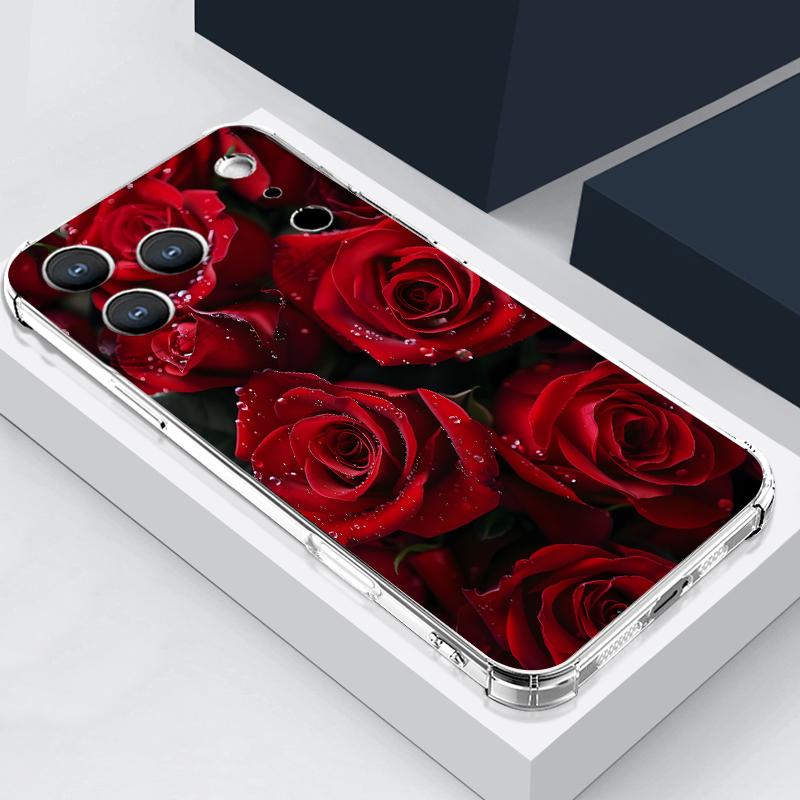 

Чехол с узором алой красной розы для iPhone 17 Pro Max, чехол для iPhone 16 15 14 13 Pro Max 11, противоударный прозрачный мягкий силиконовый чехол iPhone 14 прозрачный