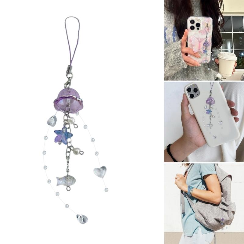 Elegant Jellyfish Inspired Phone Charm Portable Keychain with Crystal Star and Pearls Accents for Phone Accessorizing