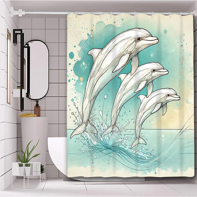 Carton Dolphin Pattern Bathing Curtain Bathroom Shower Curtain Waterproof With 12 Hooks Home Deco
