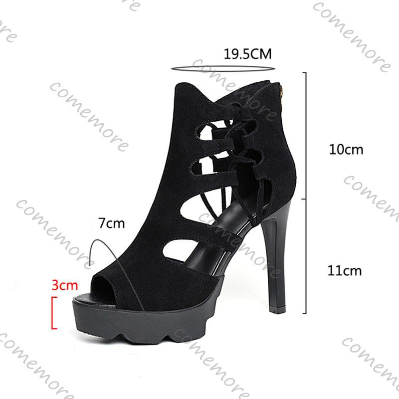 Feiern Sie High-Heel-Sandalen Sommer Dicke Sohle Hohler Riemen Reißverschluss hinten Schuhe für Frauen Schwarz Sexy 11cm Absatz Sandalen Damen